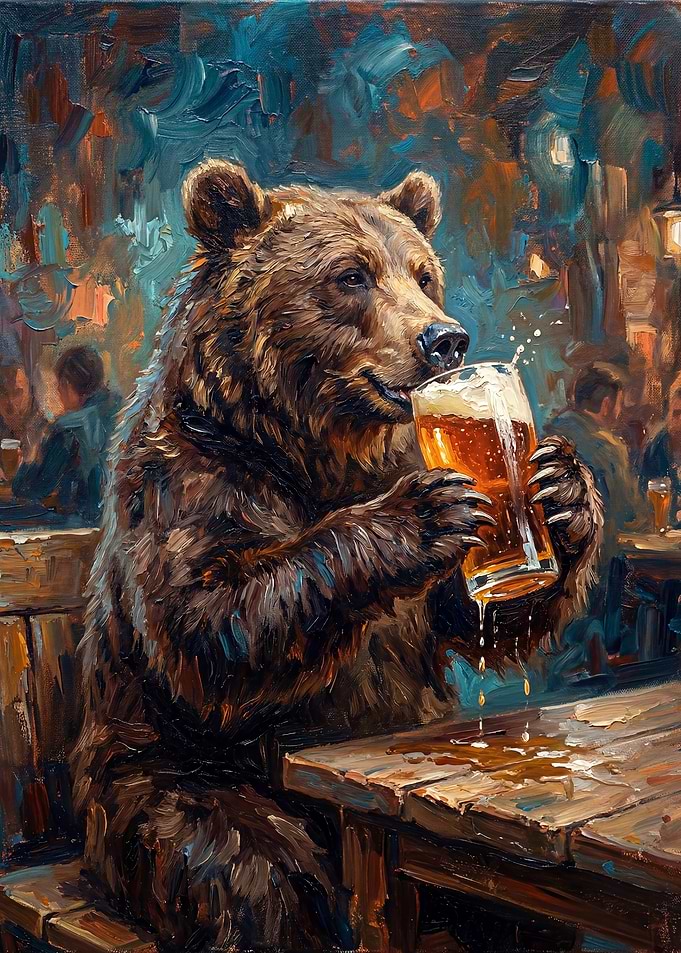 Bear drinking beer in a pub