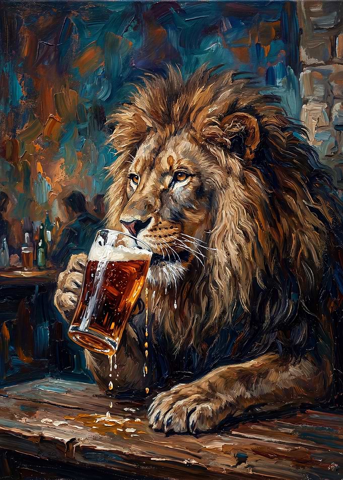 Lion drinking beer in a pub