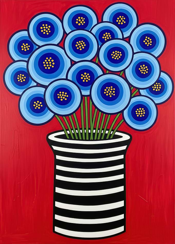 Blue Flowers in Striped Vase