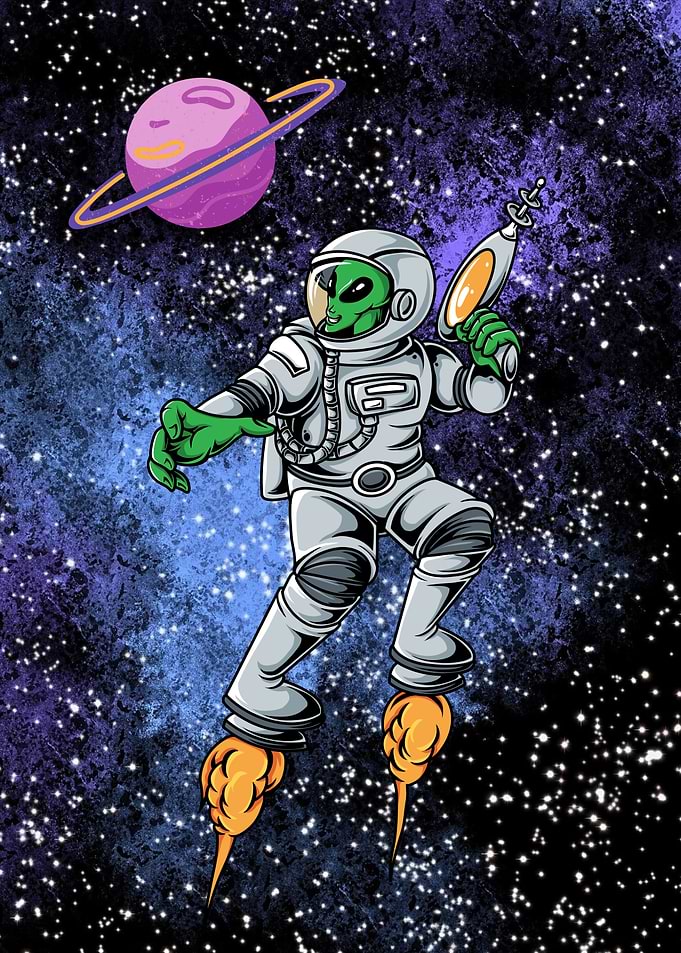 Alien Astronaut with Ray Gun in Space