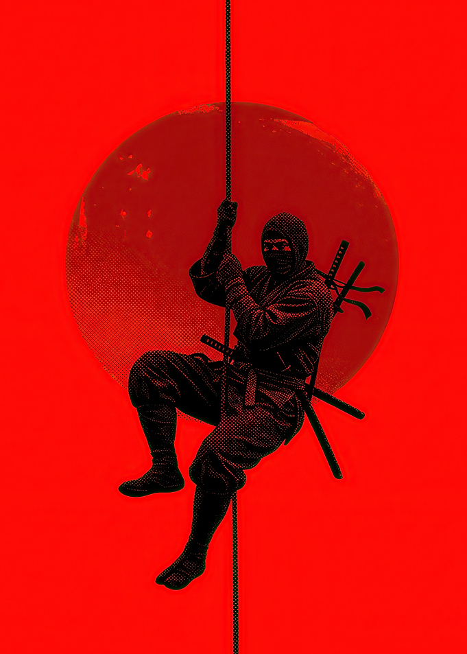 Ninja climbing rope against red sun