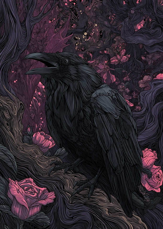 Dark Raven with Pink Roses