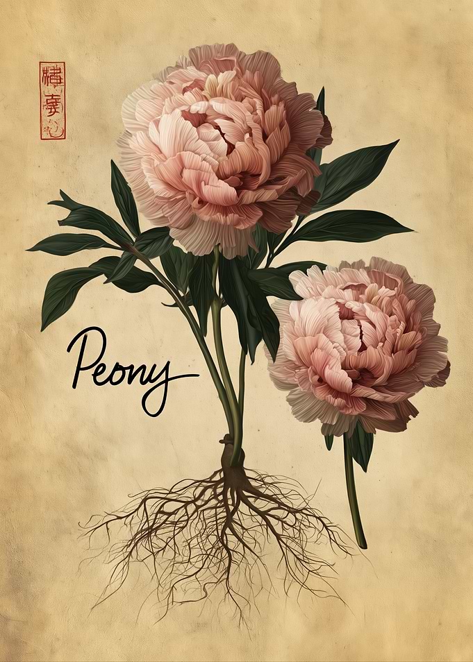 Peony Flower with Roots and Chinese Seal