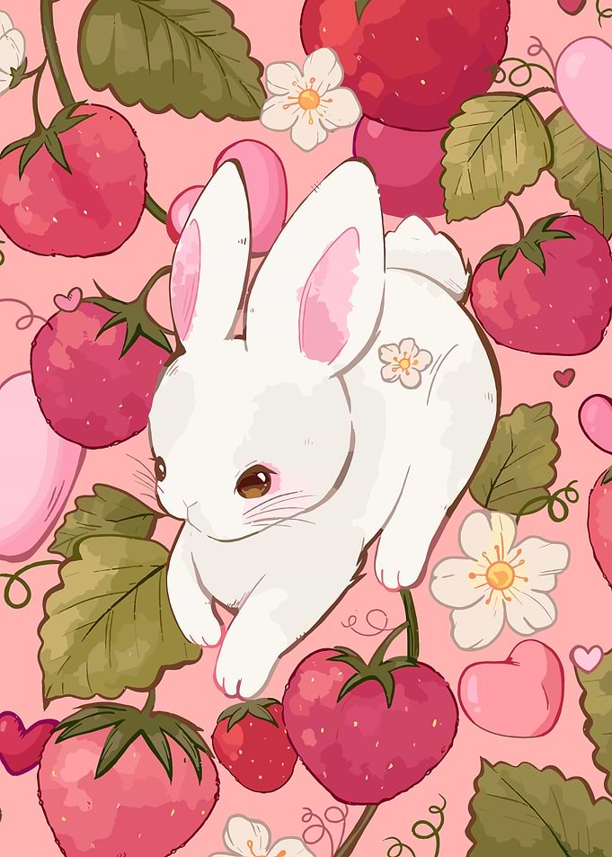 Cute Bunny Among Strawberries