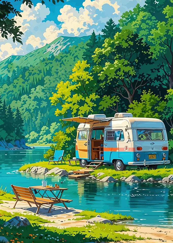 Vintage Camper Van by a Lake