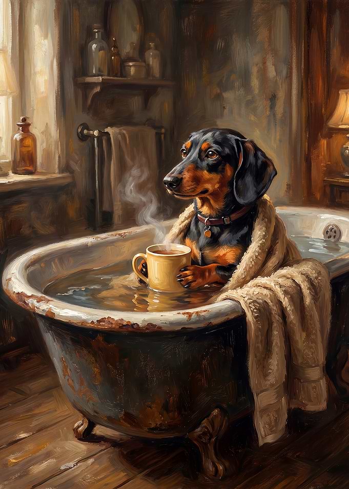 Dachshund enjoying a bath with tea