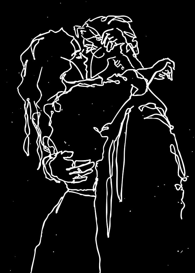 Couple Embracing in White Line Art