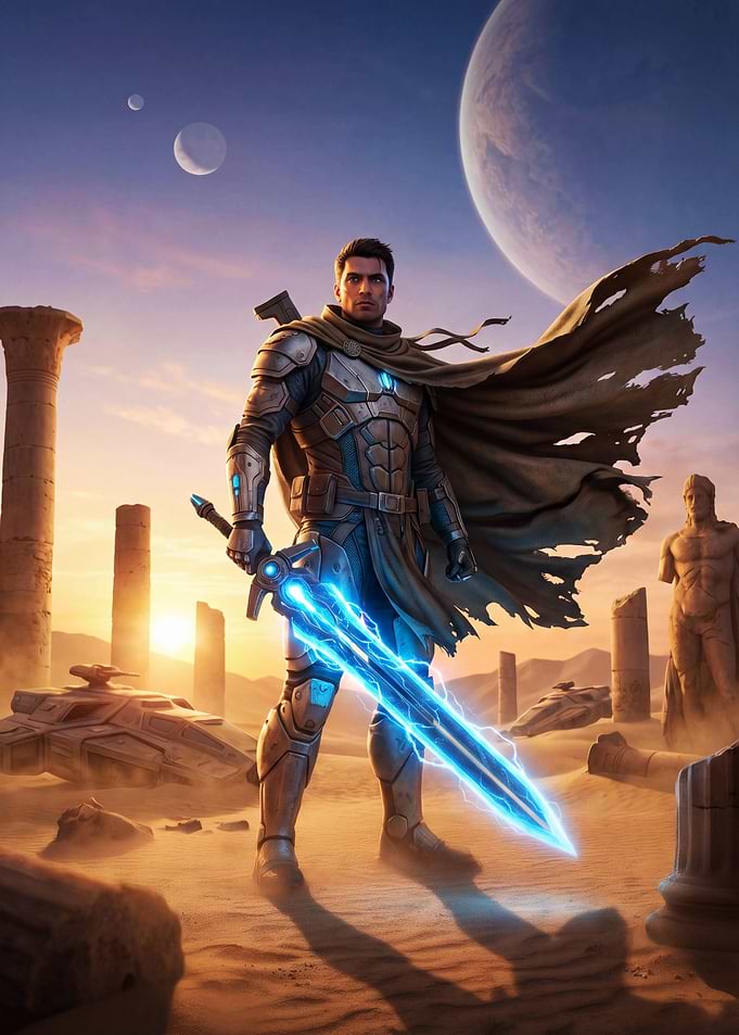 Sci-fi warrior with glowing sword