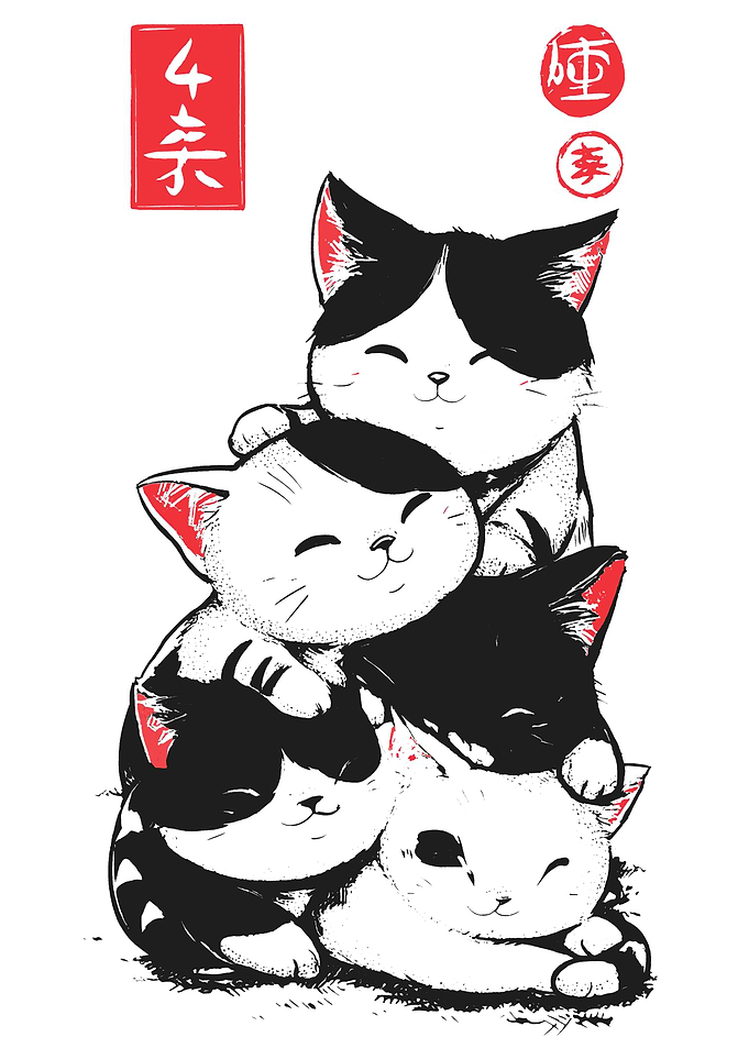 Stack of Cute Cats with Japanese Text