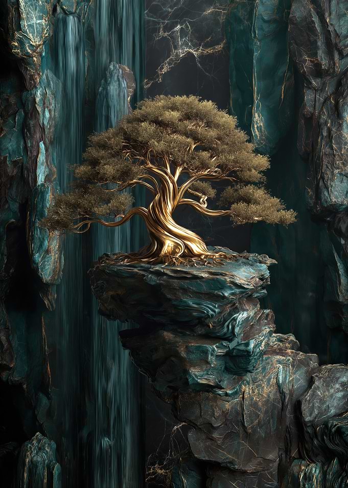 Golden Bonsai Tree on Rocky Outcrop