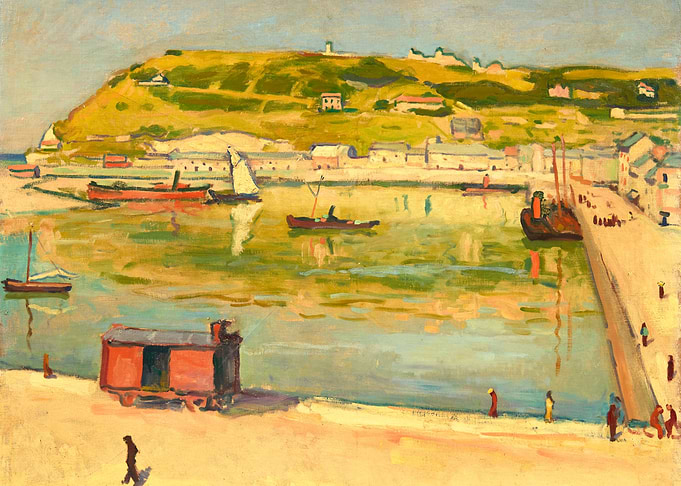 Harbor Scene with Boats and Hillside Town