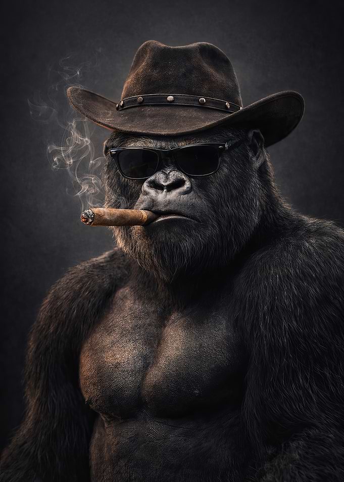 Gorilla in Cowboy Hat Smoking Cigar