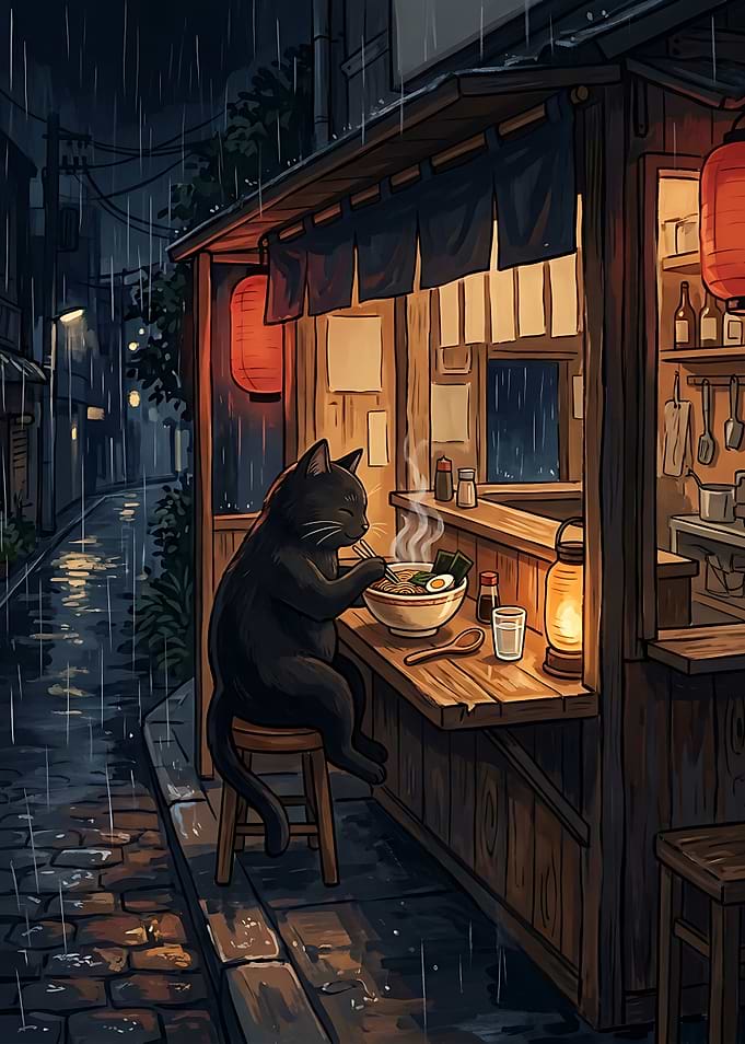 Black Cat Eating Ramen Desgin