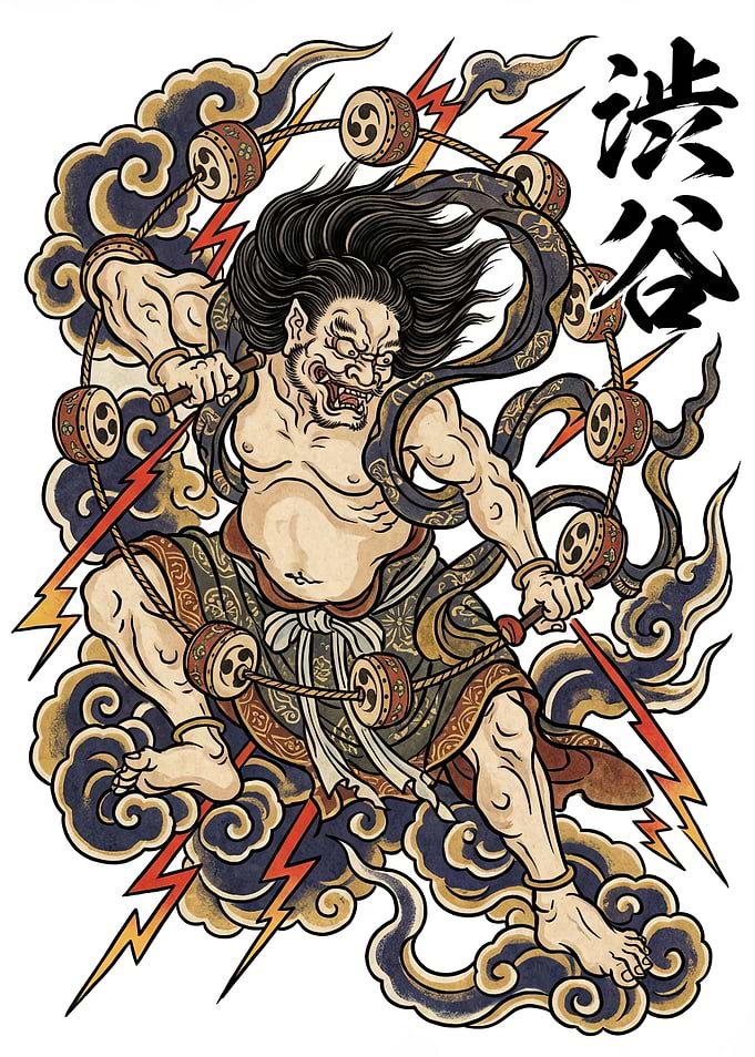 Japanese Thunder God with Drums