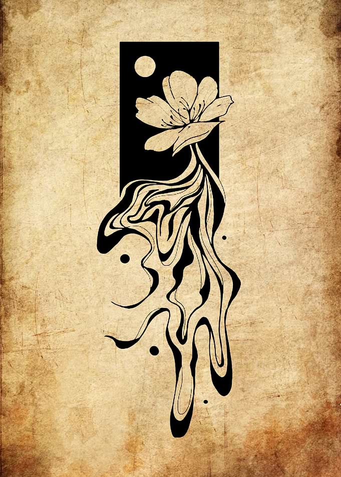 Floral Design with Moon and Dripping Effect