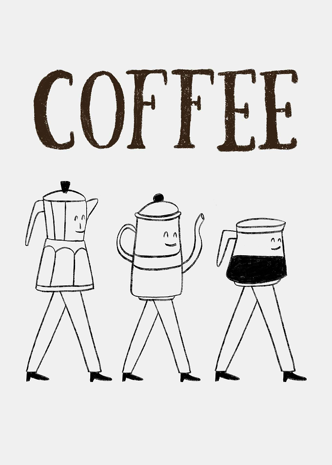 Coffee pots walking with the word Coffee