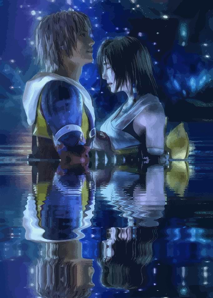 Tidus and Yuna in a watery reflection