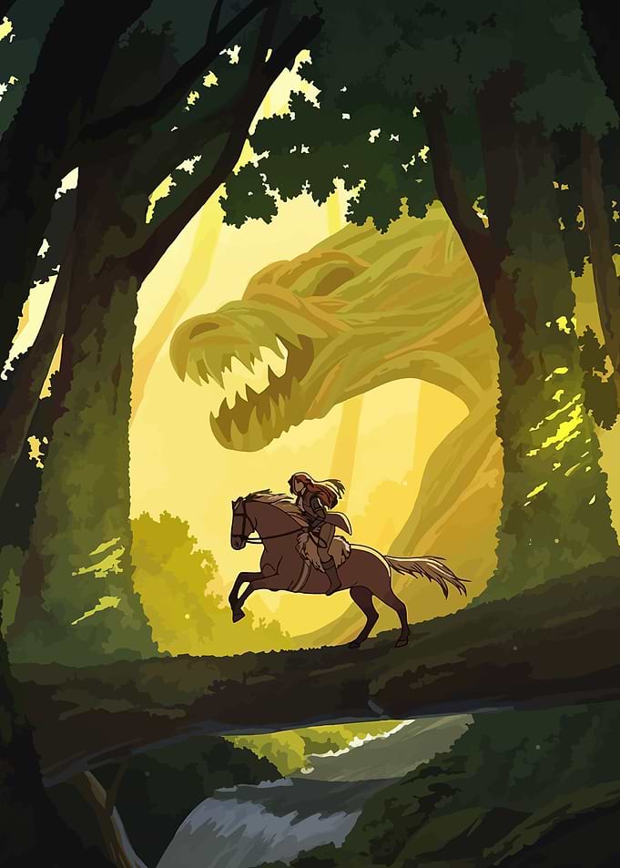Rider and Dragon in Enchanted Forest