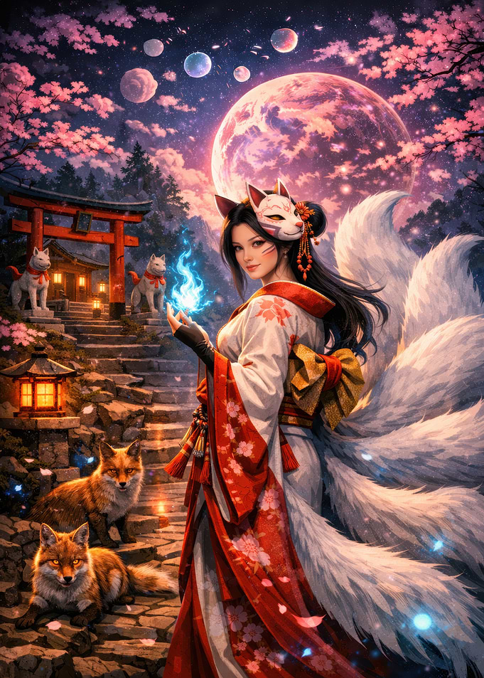 Kitsune Woman with Fox Companions