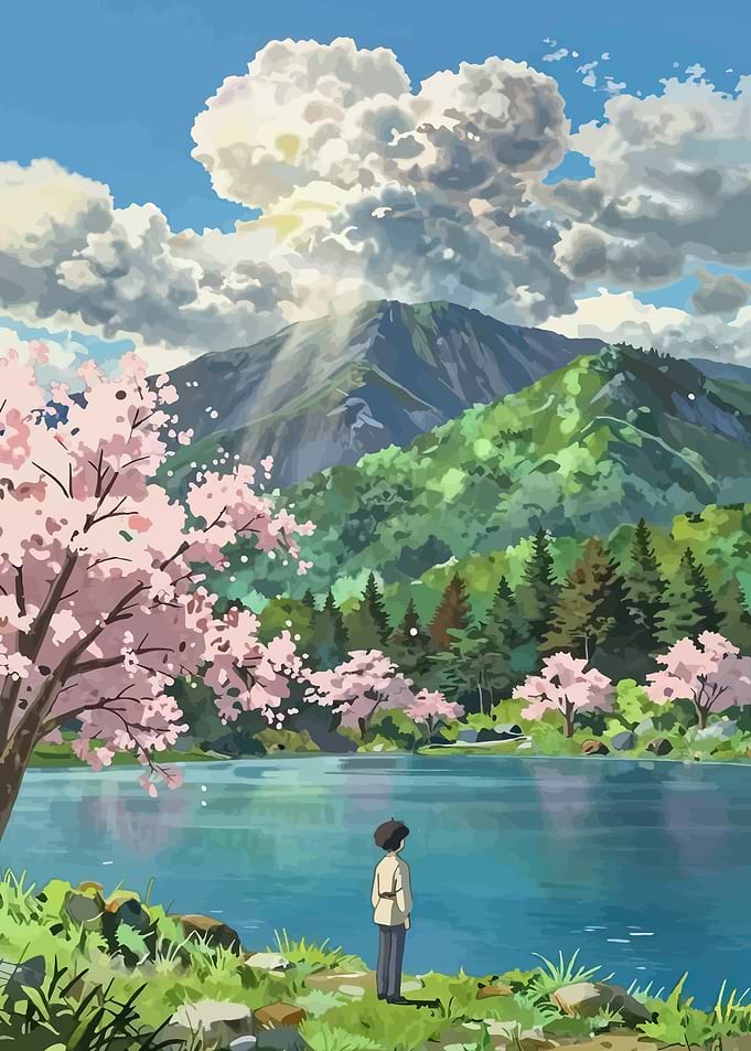 Boy by a serene lake mountains cherry blossoms