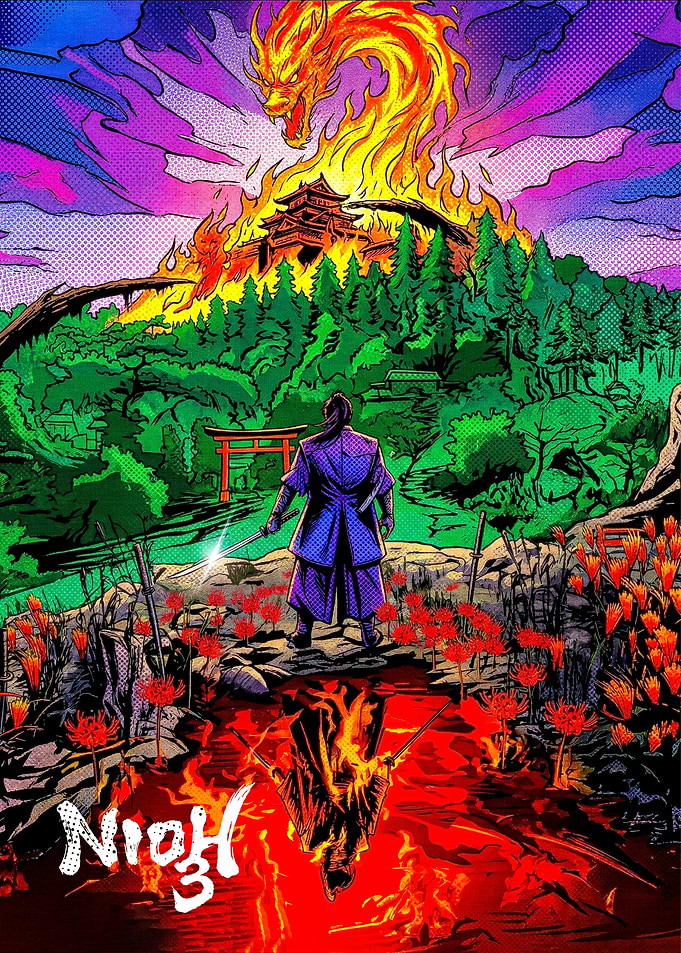 Samurai Facing Fiery Dragon and Burning Castle