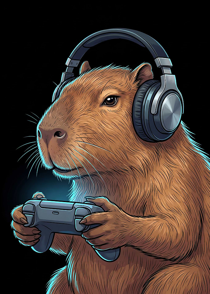 Capybara Gamer with Headphones and Controller