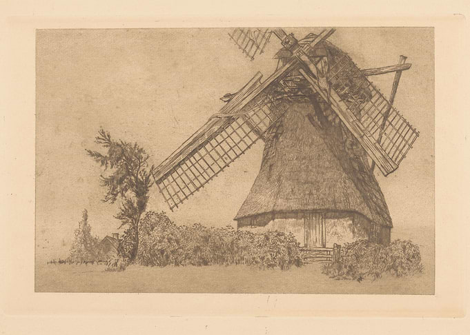 Windmill and Tree Etching