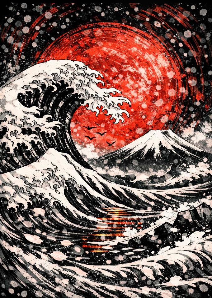 Great Wave with Red Sun and Fuji