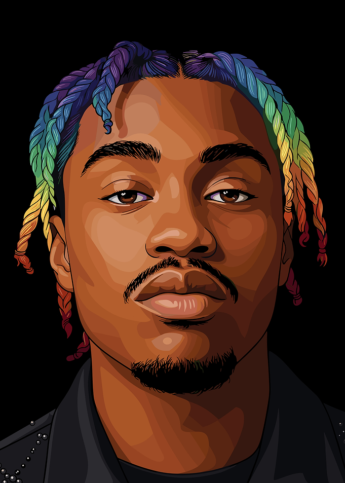 Portrait of a Lil Tjay with rainbow braids