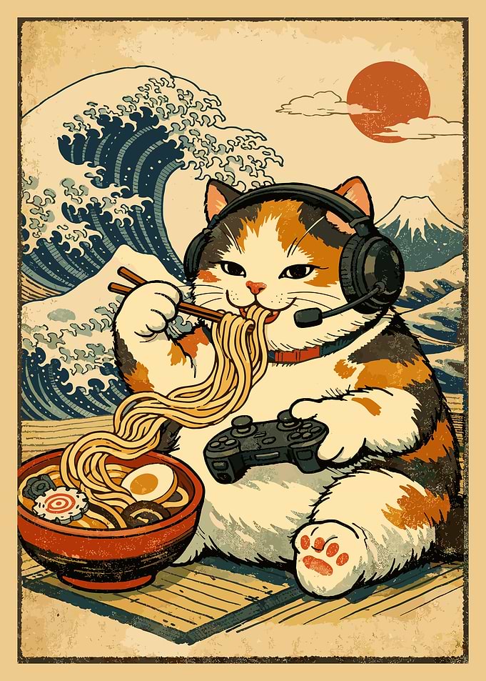 Gaming Cat Ramen Poster, Japanese Wave Art, Retro Anime Food Wall Print