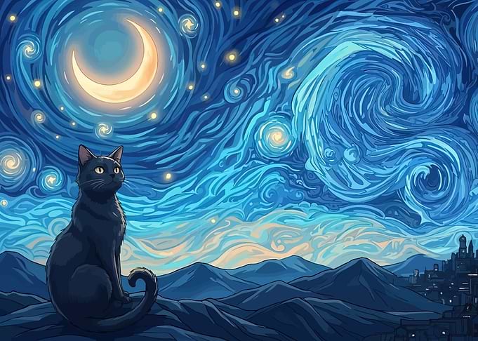 Black Cat Under Starry Night Sky