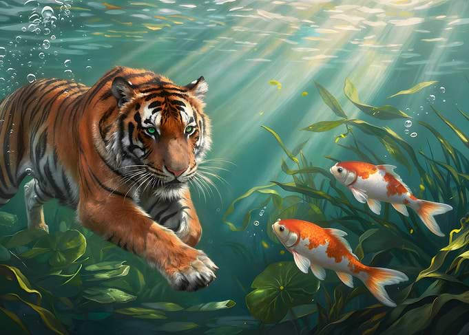 Tiger hunting koi fish underwater
