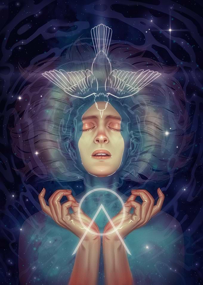 Spiritual Woman with Dove and Symbol