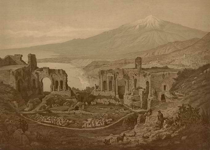 Ancient Ruins with Volcano Background