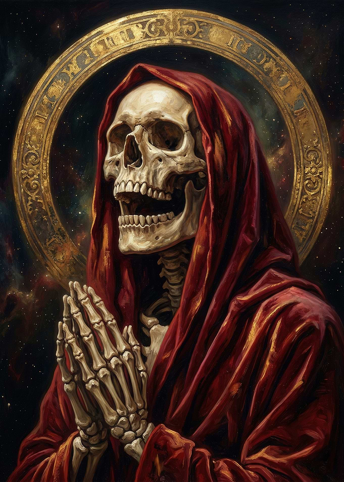 Skeleton Praying in Cosmic Halo