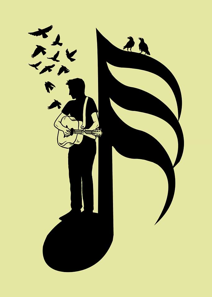 Musician and Birds Silhouette - Guitarist - thirty second note