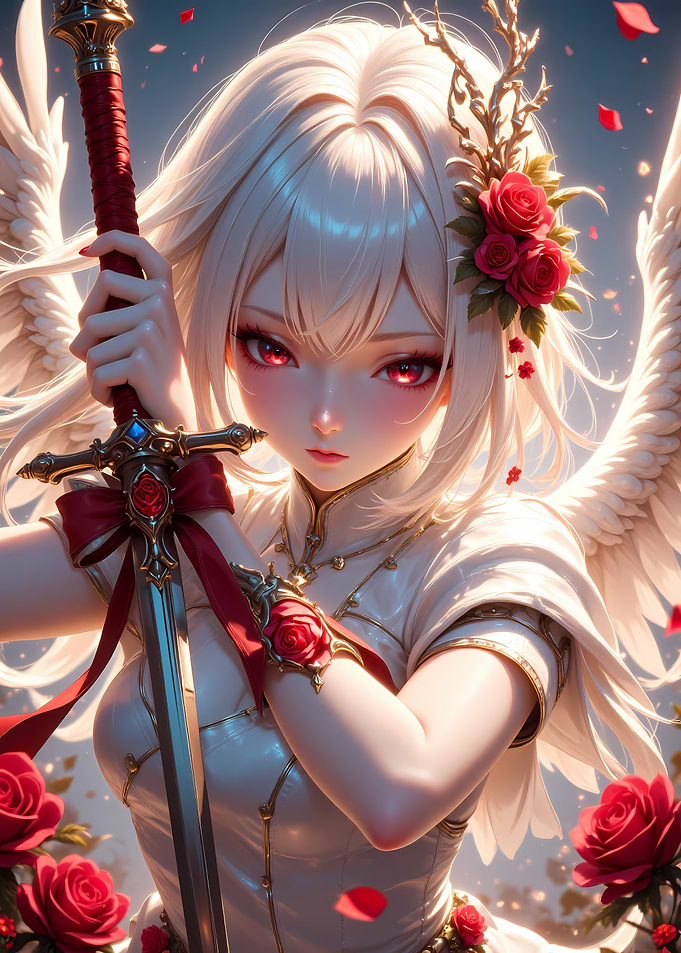 Anime Angel Warrior with Sword and Roses