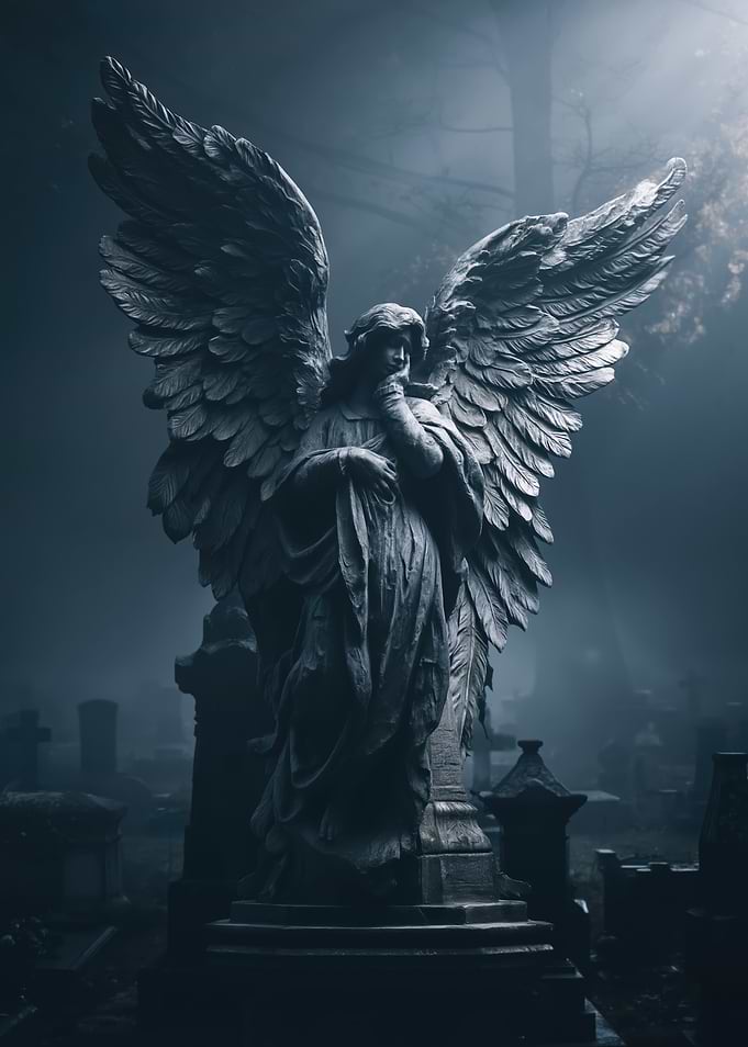 Angel Statue in Foggy Cemetery