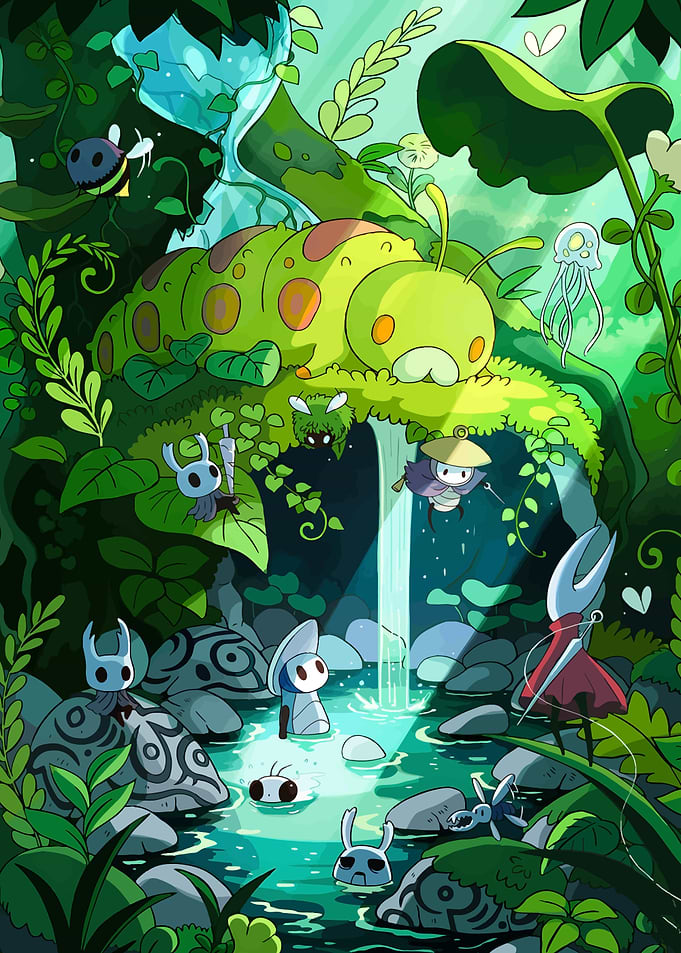 Hollow Knight Characters in a Lush Forest