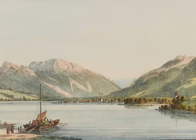 Alpine Lake Town with Mountains and Boat