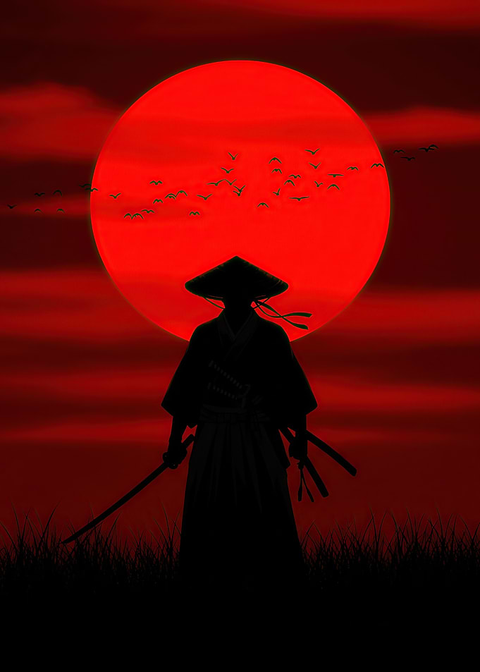 Samurai Silhouette Against Red Sun