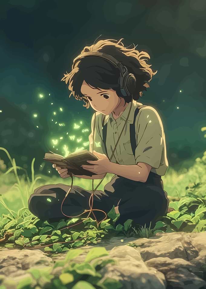 Anime girl reading with headphones