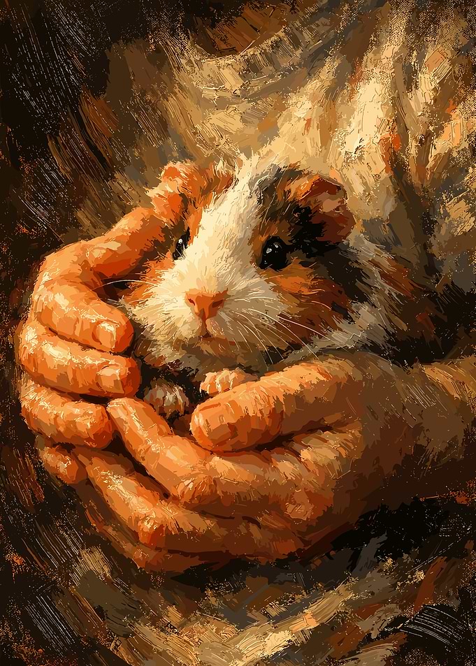 Guinea Pig Poster, Cozy Animal Painting Wall Art, Warm Impressionist Pet Print