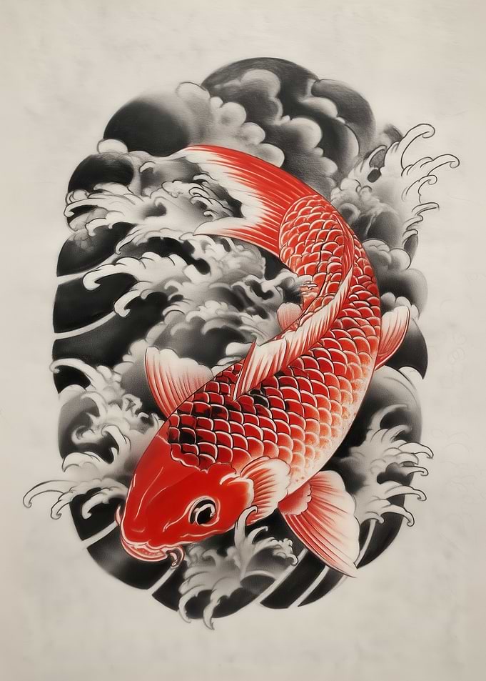Red Koi Fish with Waves