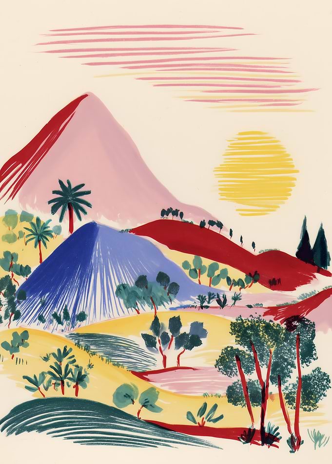 Vibrant Landscape Painting with Mountains and Sun