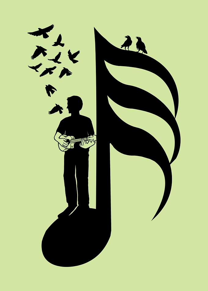 Man playing ukulele with birds and music note - Ukulele - thirty second note