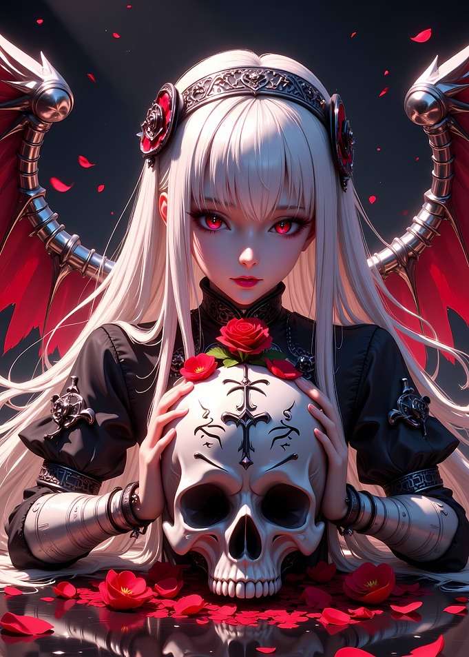 Gothic Anime Girl with Skull and Roses