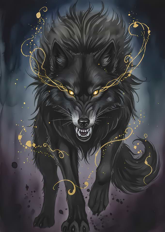Fierce Black Wolf with Golden Aura