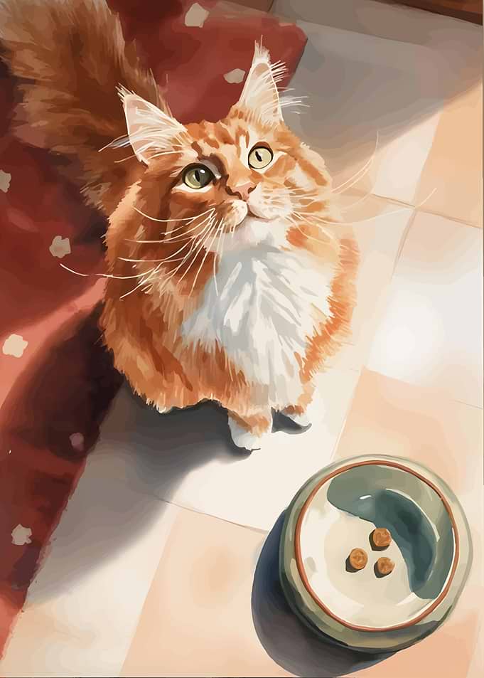Orange Cat Looking Up at Food Bowl