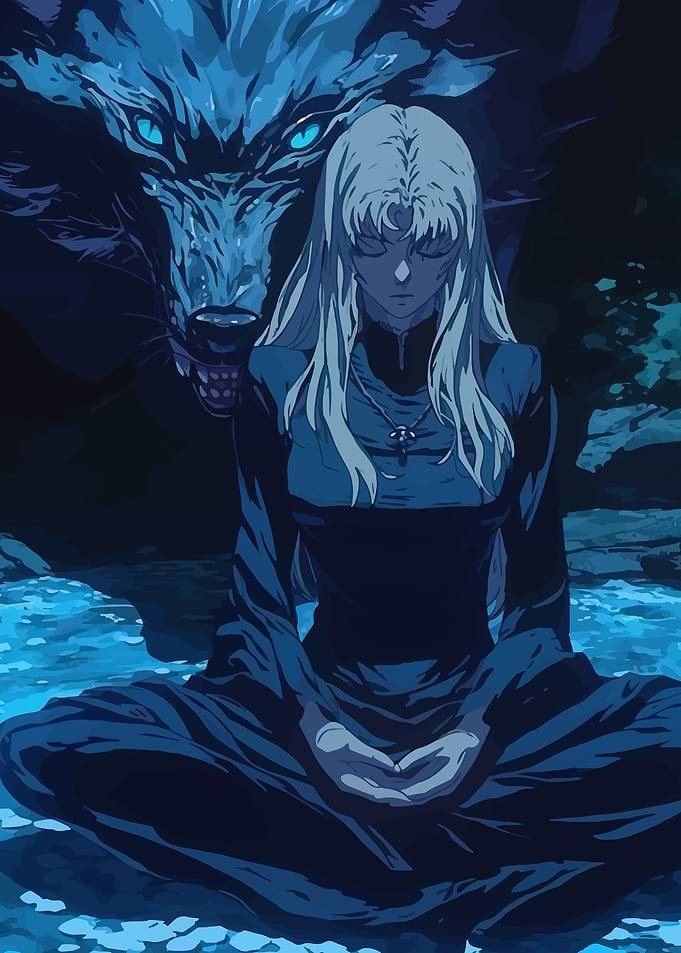 Meditating Woman and Wolf Spirit